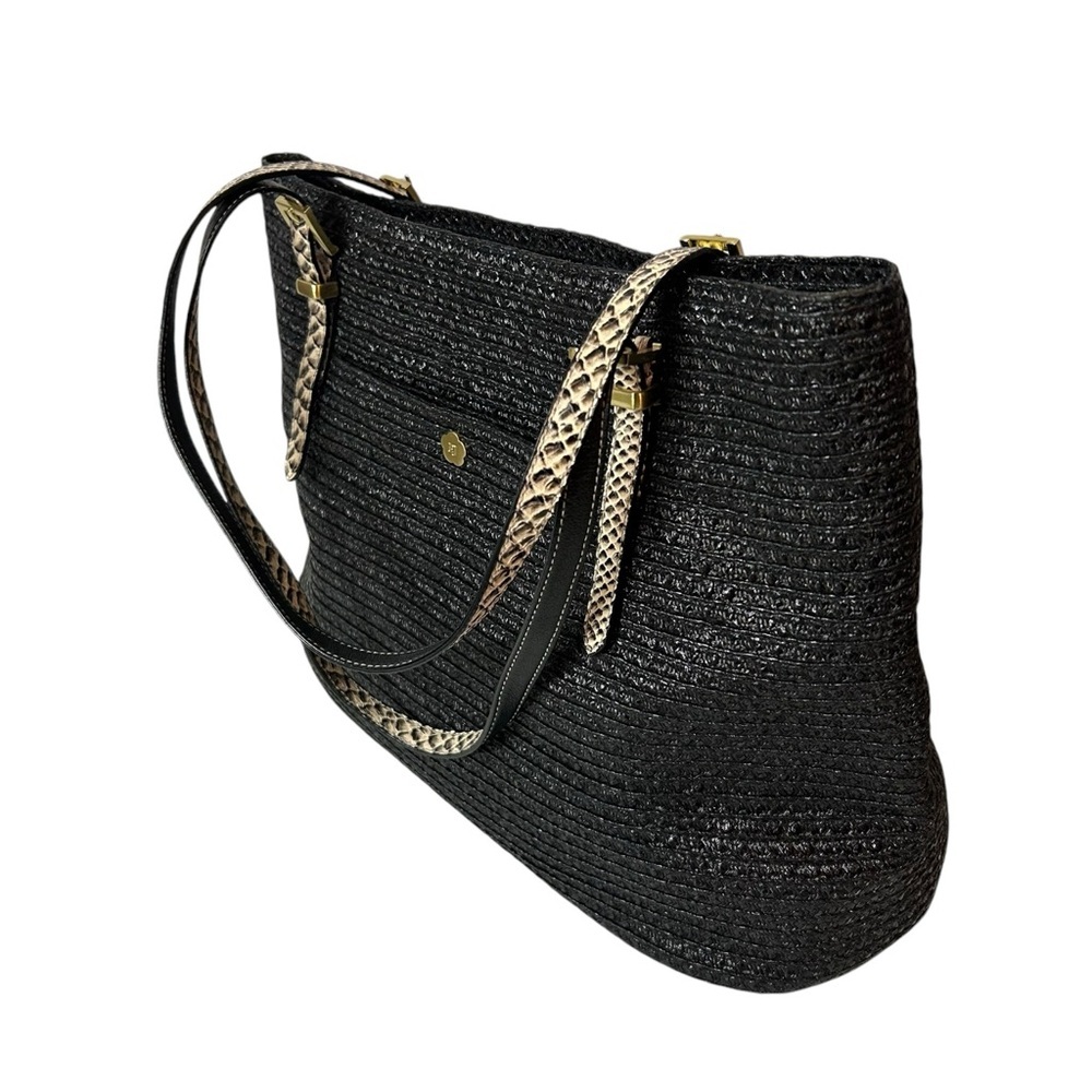 Eric Javitz women’s black straw tote bag with leather handles - Picture 4 of 7